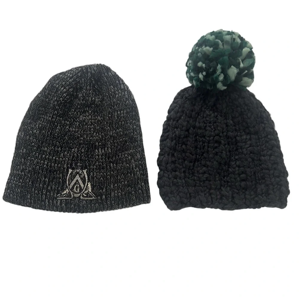 🍀 3 for $25 Set 2 Beanie Head Warmers Grey Black Embroidered Gruet Eddie Bauer
